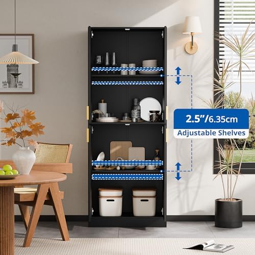 Cozy Castle Kitchen Pantry Cabinet, 71" Tall Wood Storage Cabinet with Doors and Shelves 4 Doors Freestanding Cupboard for Dining Room Living Room Furniture, Black - Image 5