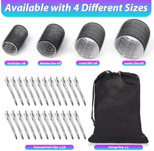 Hair Curlers Set with 24 Rollers (6 Jumbo, 6 Large, 6 Medium, 6 Small) and 24 Clips for All Hair Lengths (Black) - Image 2