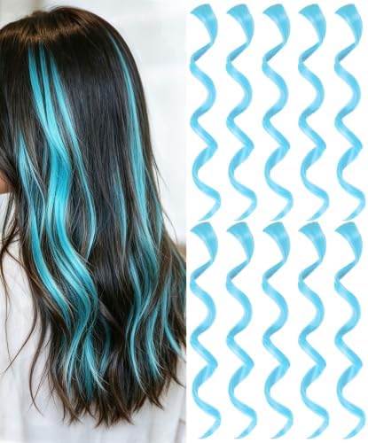10 PCS Light Sky Blue Hair Extensions, Curly Wavy Synthetic Hair Clip in by Olldag