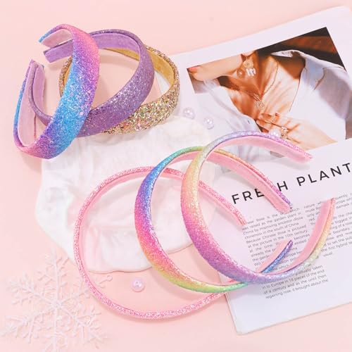 Headbands for girls Women 6Pcs Glitter Rainbow Headband Women Girls Sparkly Headband Gold Pink White Purple Hairband for Girls Hair Accessories for Party Holiday Back to School - Image 3