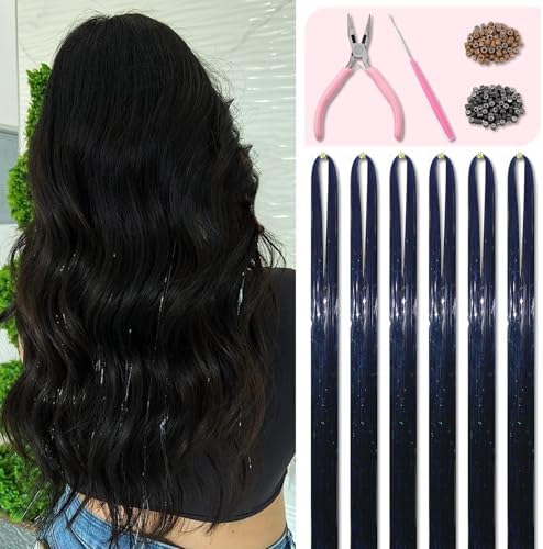 Black Hair Tinsel Kit 48 Inches 1200 Strands with Tools and Instruction Easy to Install Fairy Glitter Tinsel Hair Extensions for Women and Girls，Shinny Sparkling Braiding Hair Accessories for Halloween Cosplay Party by Fiwecos