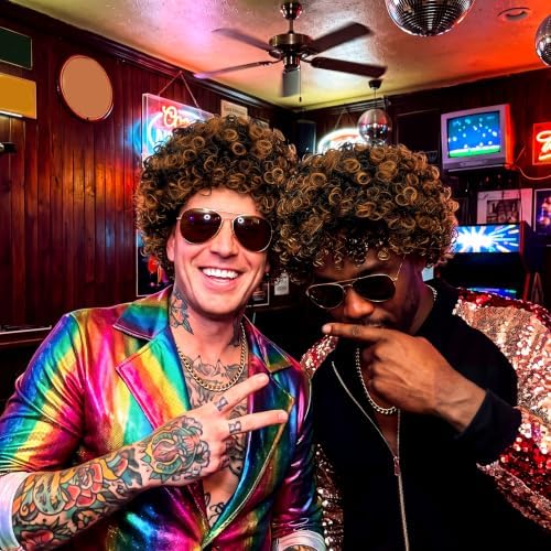 Gejoy Mens Disco Costume Set, 70s Afro Wig Glasses Chain, Brown Black Hair - Image 6
