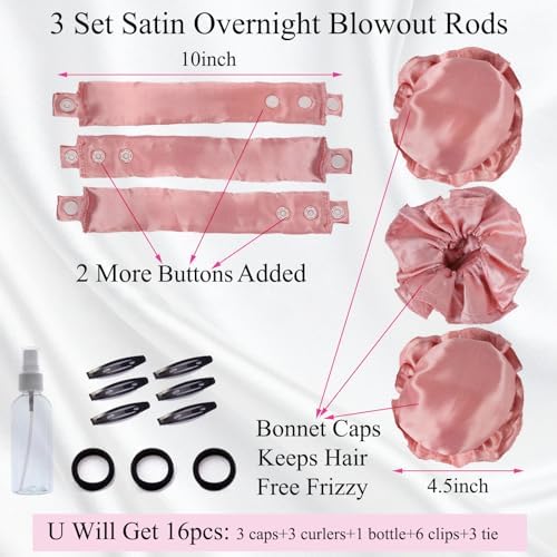 3 Sets Bun Bons Heatless Curls Satin Heatless Curling Set Overnight Curls Blowout Rods soft Hair Curlers to Sleep in with Bonnet Cap No Heat Silk Wrap Headband Roller SPink - Image 3