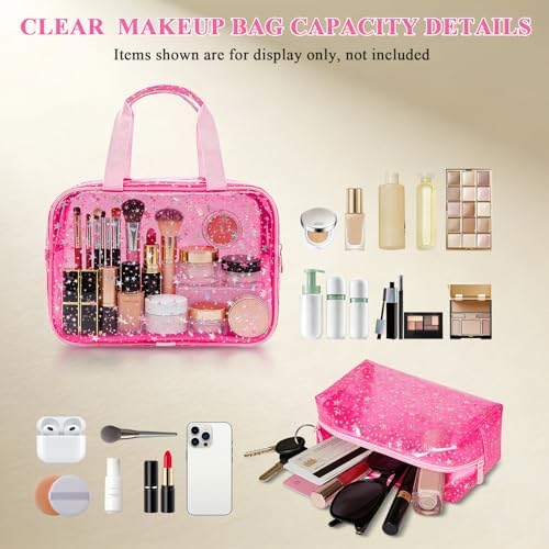 2PCS Clear Star Print Waterproof Makeup Bag, Lagre PVC Cosmetic Pouch with Zipper, Travel Toiletry Organizer for Women, Small Personal Item for Travel, Business Trip, Gym & Daily Use (Red) - Image 3