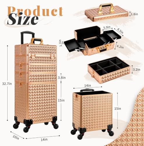 AROUS 5 in 1 Rolling Makeup Train Case with Lid Cosmetology Case on Wheels - Image 4