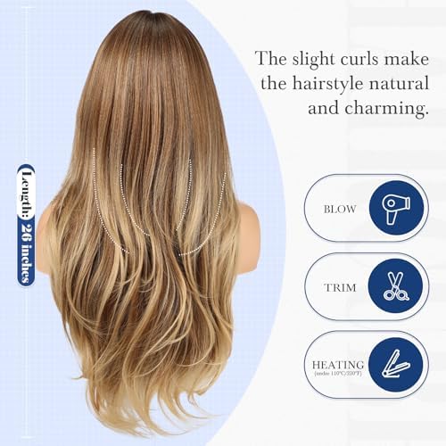 HAIRCUBE Long Ombre Brown Wig with Bangs Layered Curly Wigs for Women Natural Synthetic Wigs for Daily Use (pelucas de cabello natural) - Image 5