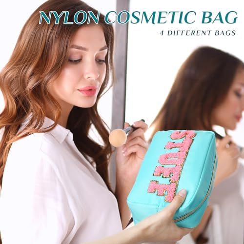 Remerry 4 Pcs Preppy Makeup Bags,Light Blue - Image 6