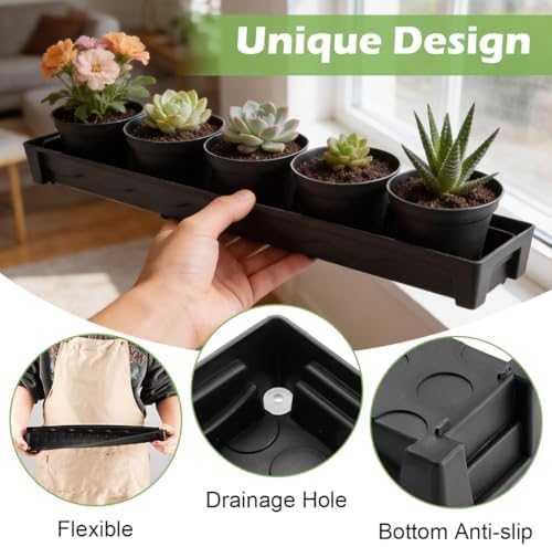 RooTrimmer 5 Pack Plastic Plant Saucer (17"x3"x1.5"), Rectangular Window Sill Plant Pot Trays with Removable Drainage Hole, Thick Windowsill Saucer Tray for 2.8 inch (7CM) Flower Nursery Pots (Black) - Image 5