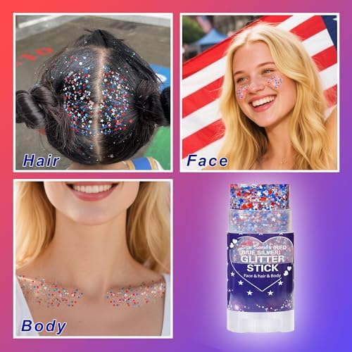 Red White Blue Hair Glitter Stick,4th of July Patriotic America Flag Star Face Body Glitter,Independence Day Fourth of July Outfits for Women,Waterproof Cheer Glitter Makeup - Image 4