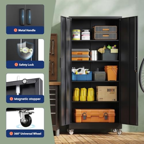 Yizosh Wheeled Metal Garage Storage Cabinet,Lockable Files Storage Cabinet - Image 4