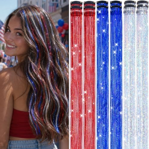 Hair Tinsel Clip in Red+Blue+Silver Colorful Fairy Hair Tinsel Kit by LEDIZE