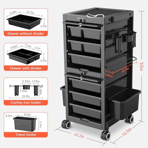TASALON Professional Rolling Salon Cart, 6-Drawer Storage Trolley with Tool Holders, 33-Inch Height,Barber Shop Hairdressing Beauty Versatile Equipment Black - Image 4