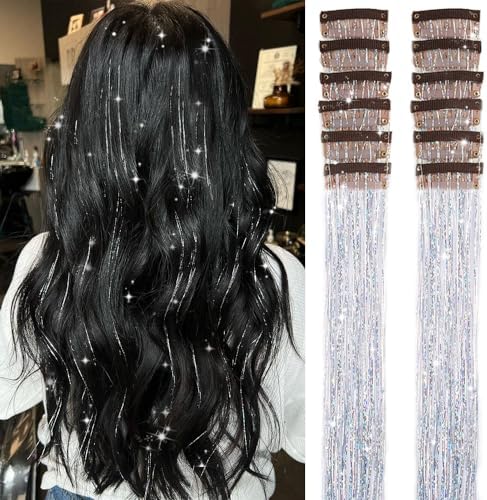 Hair Tinsel Pack of 12 Pcs 20 Inch Glitter Silver Clip in Tinsel Hair Extensions, Party Dazzle Hair Accessories Strands Kit (20 Inch 12Pcs,Silver#) by Umylar