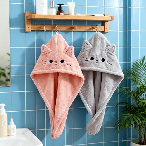 2 Pack Cat Microfiber Hair Towel Wrap for Women & Kids, Super Absorbent Hair Turban with Button, Soft Hair Drying Cap for Curly/Thick/Long Hair, Head Towel Wrap for Hair Care - Image 7