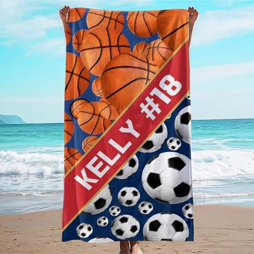 Personalized Beach Towel With Name, Custom Beach Towel with Text, Customized Basketball Football Microfiber Pool Towel, Quick Dry & Absorbent Swim Towel for Adult,Anniversary, Birthday, Summer Holiday by JML