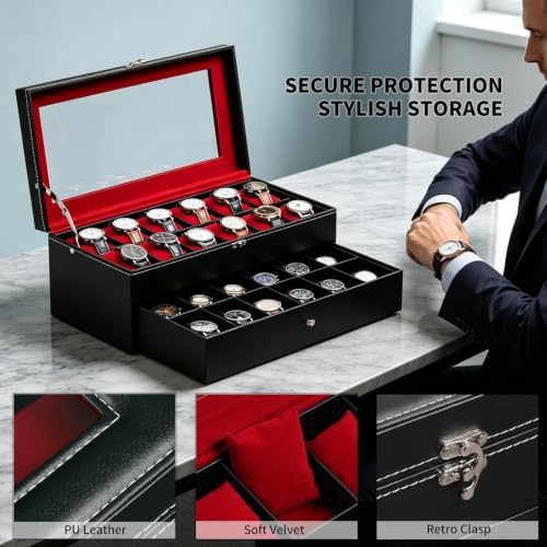 AUTOARK Leather & Velvet 24 Watch Box,Jewelry Display Drawer,Black,MKAW038 - Image 3