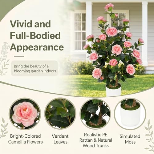 2 Pack 3FT Artificial Camellia Trees with Pink Flowers - Image 3