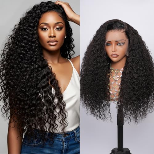 FASHION PLUS Full Lace Human Hair Wigs Curly Wave Human Hair Wigs, 24nch Invisible Curly Full Lace Frontal Wigs, 15A Grade 200% Density Pre Plucked Virgin Human Hair 100% Hand-tied, Natural Color by FASHIONPLUS