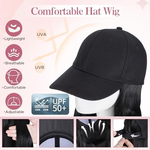 SEGO Baseball Cap with Hair Extensions for Women Heat Resistant Synthetic 16" Adjustable Long Wavy Hairpiece Replacement Wigs in Black Hat for Girls 1A Black - Image 2