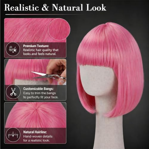Short Pink Bob Wig with Bangs for Women - Image 3