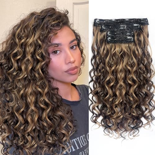Vigorous Curly Clip In Hair Extensions,4PCS 16 inch Thick Curly Hair Extensions Lace Weft Clip Ins Invisible Natural Synthetic Hairpieces for Women,Chocolate Brown with Highlights(6H12) by Vigorous