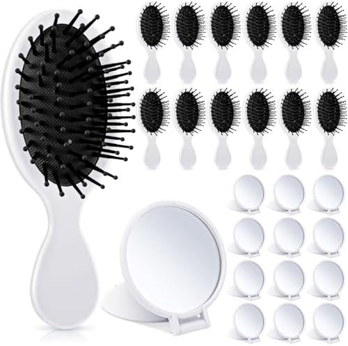 Meanplan 24 Pcs Mini Hair Brush Set 12 Travel Wet Dry Hair Combs Pocket Detangling 12 Compact Folding Makeup Mirrors for Spa Sleepover Birthday Bridal Shower Bachelorette Christmas Party Gift(White) by Meanplan