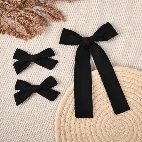 DEEKA Black Cotton Linen Hair Bows 2 Sizes 5"&3.5" Soft Hair Bow set for Toddler Girls Long Ponytail Knot Bows Alligator Clip Hair Accessories for Little School Girls (Black) - Image 7