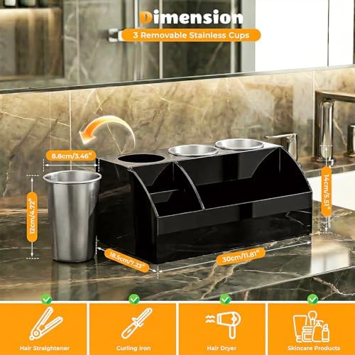 Hair Tool Organizer Countertop, Bathroom Vanity Organizers and Storage, Acrylic Hot Tools Organizer Storage for Hair Dryer, Curling Iron, Brush, Hair Straightener (Black) - Image 3