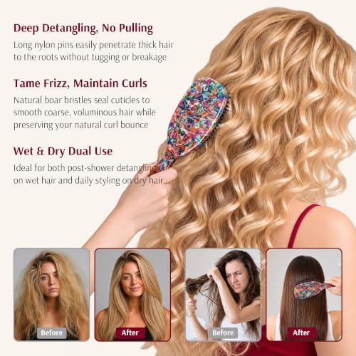 VOCOSTE Boar Bristle Hair Brush, Detangling & Shine Paddle Brush Gift Set - Image 5