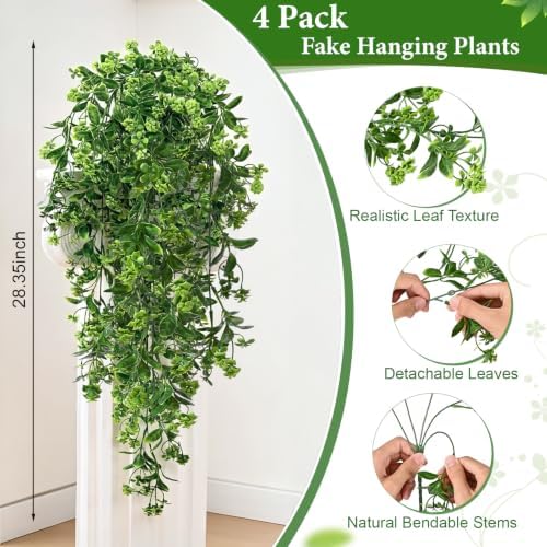 4Pcs Fake Hanging Plants, 28" Artificial Plants Faux Green Eucalyptus Vines - Image 4