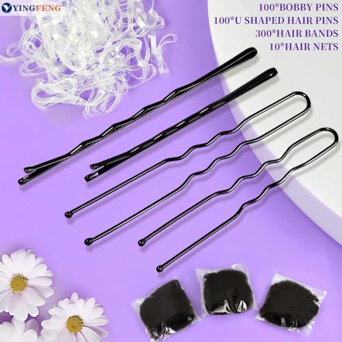 510PCS Black Bobby Pins Hair Pins Kit with Hair Net, YINGFENG Includes 100 Bobby Pins for Women, 100 U-Shaped Buns Hair Clips, 300 Hair Bands and 10 Black Hair Nets, Dance competition must haves - Image 7