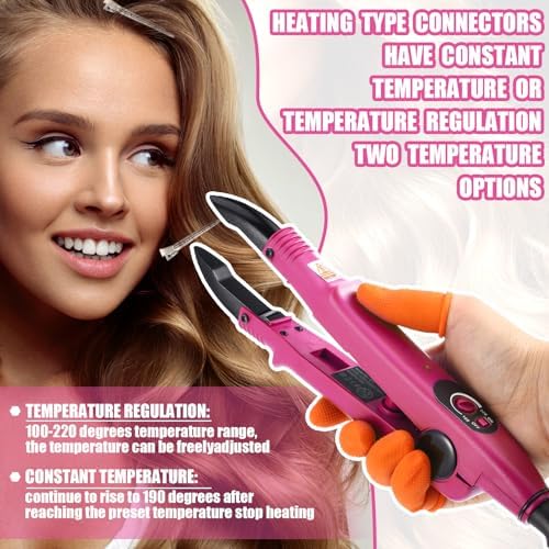 Lothee K Tip Hair Extensions Kit with Heat Iron Finger Protector, Pink - Image 4