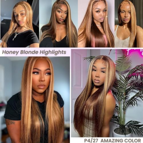 ALHER Small Cap Lace Front Wigs Human Hair 28 IN #4/27 Honey Blonde Highlight Straight 13X4 Lace Frontal Wig With Baby Hair 200% Density, Small Cap 21-21.5 Balayage Piano Colored Wig for Black Women - Image 2