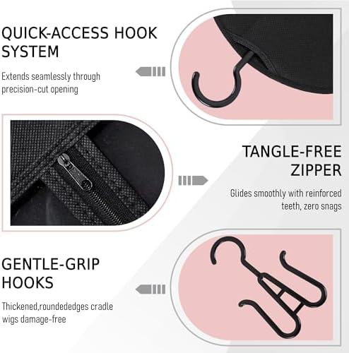 6PCS Anti-Static Wig Storage & Care, Multi-functional Wig Holder for Multiple Wigs Wig bags for travel, Dust-Proof Storage Organizer with Hook for Hair Extensions, Wigs & Accessories (Black) - Image 5