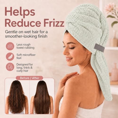 Large Microfiber Hair Wrap Towel for Women, Quick-Dry (Sage Green) - Image 4