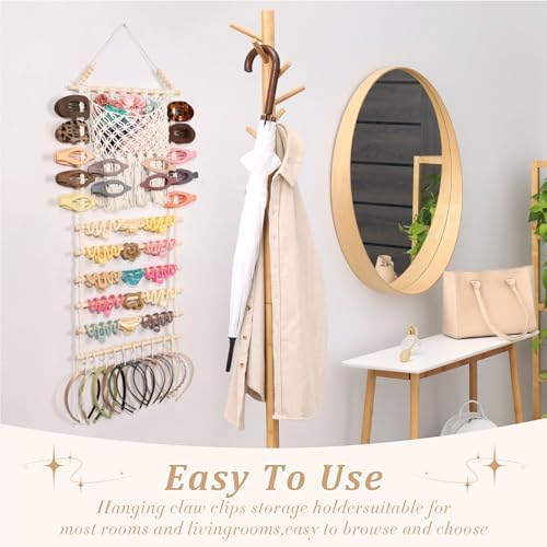 SNOWSTAR Macrame Hair Claw Clip Organizer,Large Capacity Mesh Bag Scrunchies Holder and Hair Ties Organizer for Women Girls,Hair Accessorie Hanging Storage Home Decor Wall,Door - Image 6