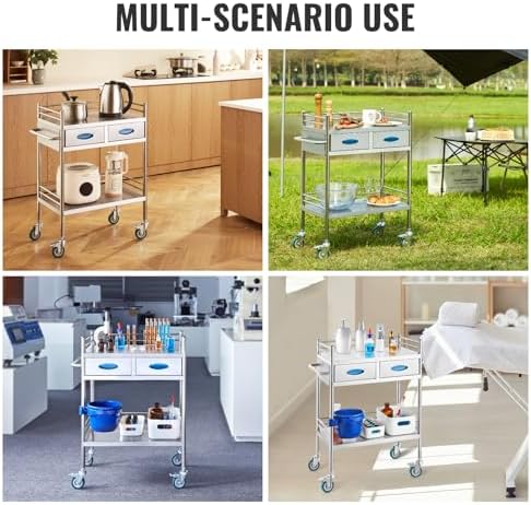 VEVOR Lab Serving Cart Utility Cart Stainless Steel Medical Cart with Two Drawers for lab Equipment Use Grade I Stainless Steel Utility Services (2 Shelves/ 2 Drawer) - Image 6