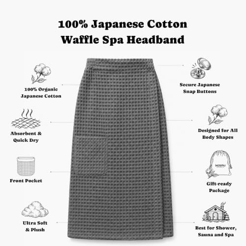 Luxury Organic Japanese Cotton Waffle Body Towel Wrap for Women | Sauna, Spa, Onsen, Shower Towel with Adjustable Snap Closure and Pocket | Ultra Plush 450 GSM (Smoke Grey, S/M) - Image 2