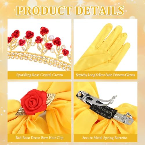 Princess Costume Accessories Crown Rose Hair Bow Yellow Gloves Kit - Image 3