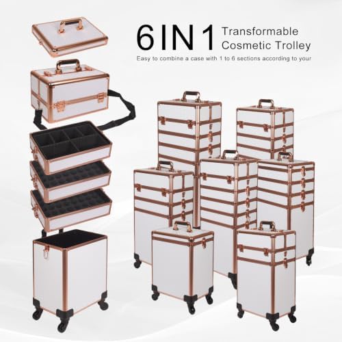 Rolling Makeup Train Case, 6 in 1, White - Image 7