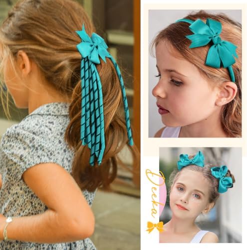 DEEKA Teal School Hair Accessories Set 13 Pcs Uniform Bow Headband Clips Hair Ties Curly Korker Bows for Little Toddler School Girls (Teal) - Image 4