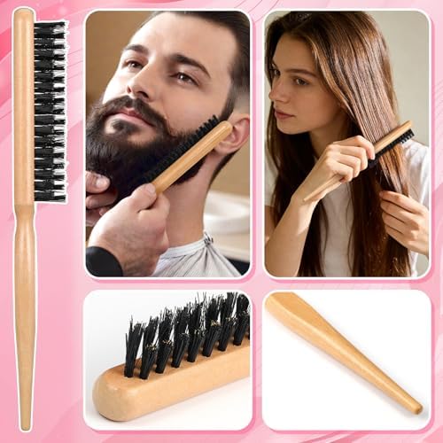 6 Pcs Boar Bristle Slick Back Hair Brush with Pink Edge Brush, Rat Tail Comb and Wide Tooth Comb for Women Men - Image 3
