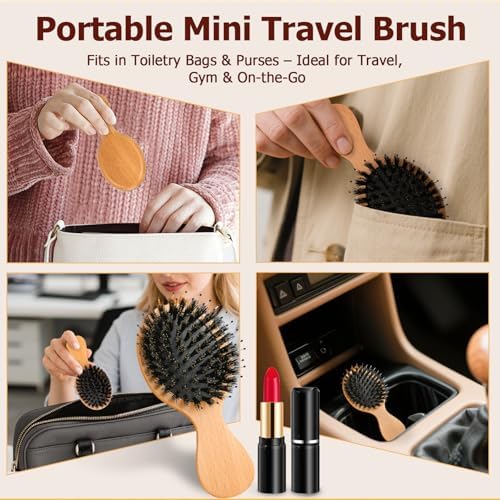 Mini Hair Brush, Travel Small Boar Bristle Hair Brush for Women Gift - Image 5