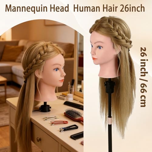 Mannequin Head with 80% Human Hair 26''Cosmetology Styling Training Head - Image 4