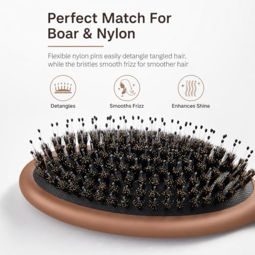 Boar Bristles Hair Brush for Women and Men, Detangling Hair Brush for Smoothing Massage Add Shine, Nylon&Boar Bristles Detangler brush for Hair Healthy (1 Pack-Mocha) - Image 3