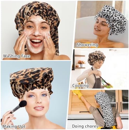 2 Pcs Large Shower Cap for Braids, Extra Long Shower Cap for Women Long Hair & Locs, Waterproof Hair Bonnets for Dreadlocks Drawstring Bath Caps for Women & Men (Leopard, Cow Print) - Image 6