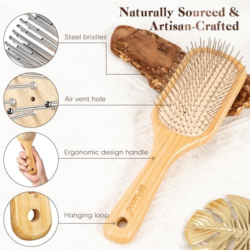 BFWood Bamboo Hair Brush with Steel Bristles,Metal Bristle Hair Brush - Image 3