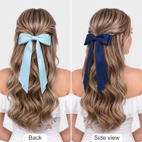 6PCS Blue Tone Hair Bows, Large Ribbon Bow Hair Clips for Girls Women Cute Ponytail Holder Accessories for Toddlers Kids Teens - Image 3