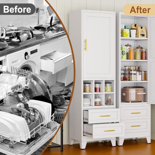 Tall Metal Narrow Storage Cabinet 67" H with 2 Drawer,White Kitchen Pantry Cabinets with 2 Adjustable Shelves and Door,Cuby Storage Orgainzer,Tall Bathroom Cabinet for Kitchen, Home Office,Dining Room - Image 7