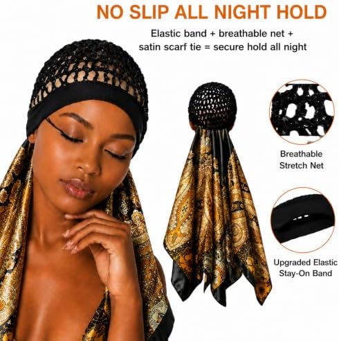 2 in 1 Wrap Cap Hair Net and Scarf for Silk Press, Satin Wrap Cap Bonnet for Women, Adjustable Stay-On Sleep Hair Net Scarf for All Hair Types - Image 2